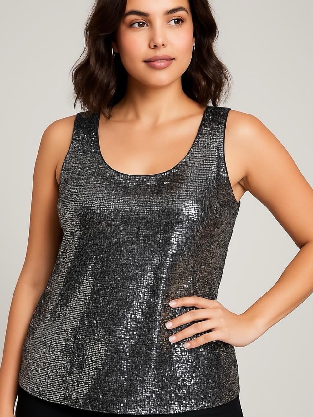 Coldwater Creek Silver Sequin Front Tank Top Black Knit Back Size L 14